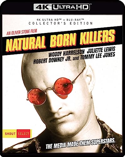 “Natural Born Killers” Blu-ray cover featuring Woody Harrelson in sunglasses.