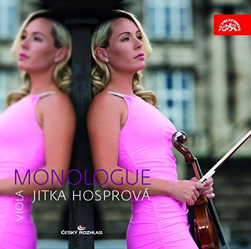 Jitka Hosprová in a pink dress holding a viola, with a mirrored reflection behind her.