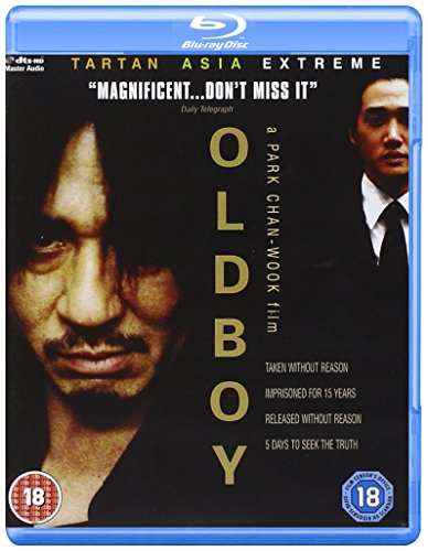 Oldboy" Blu-ray cover featuring a close-up of a man’s distressed face.