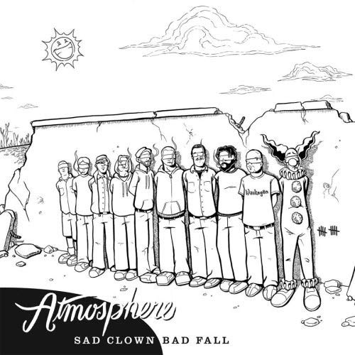 Black and white line drawing of a group of people and a clown standing.