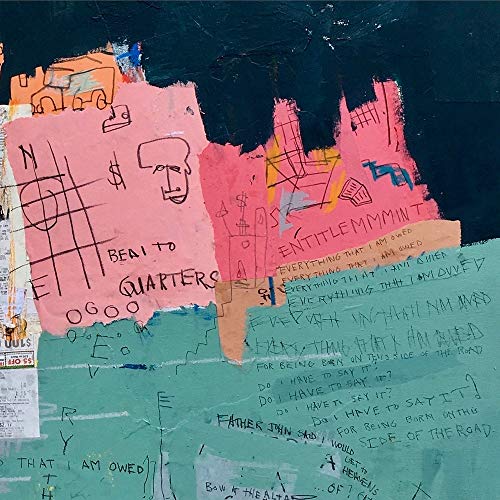 Abstract painting with text, a face, and geometric shapes in pink, teal, and black.