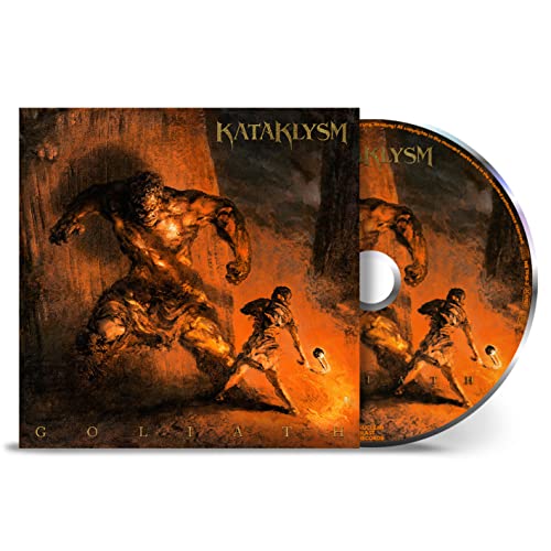 Kataklysm “Goliath” CD cover: a muscular figure dominates a fiery landscape.