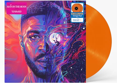 Kid Cudi album cover with a portrait and orange vinyl record.