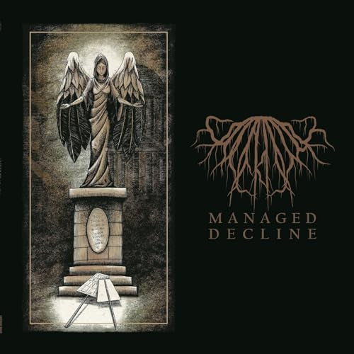 Dark album cover featuring a statue with winged figures and root-like text.