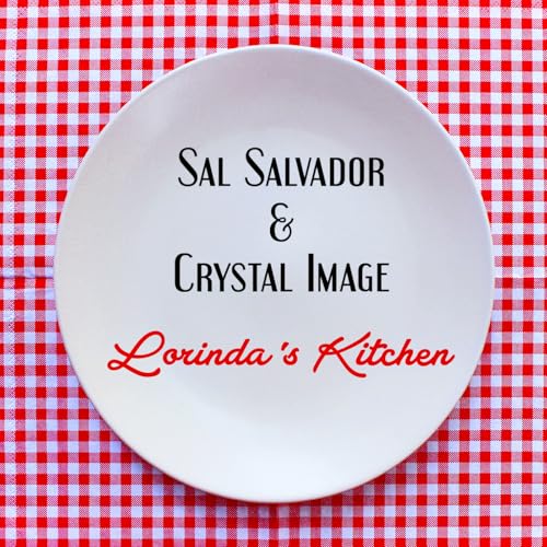 White plate with text “Sal Salvador & Crystal Image, Lorinda’s Kitchen”.