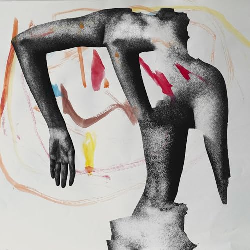 Abstract black and white figure with colorful paint strokes.