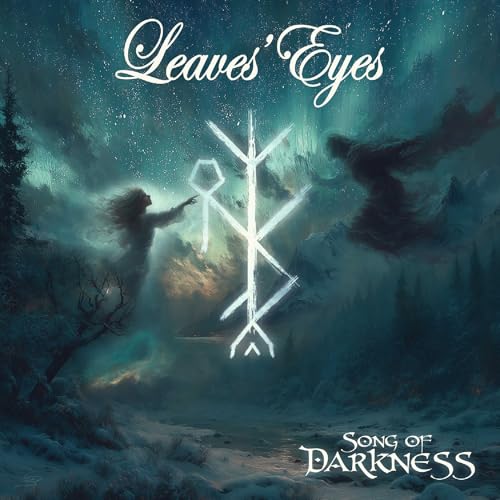 Album cover for Leaves’ Eyes’ “Song of Darkness” with figures and runes.