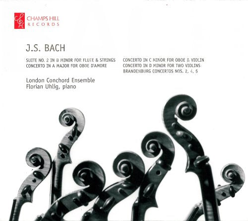 CD cover for Bach chamber concertos featuring violin scroll detail.