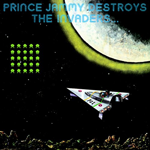Album cover: spaceship fighting pixelated aliens before a green planet.
