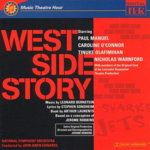West Side Story" CD cover with bold red and white lettering, brick background.