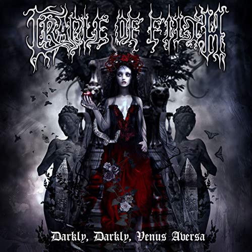 Dark album cover featuring a woman in red with statues and bats.