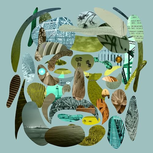Collage of natural and architectural elements in abstract shapes, album art.