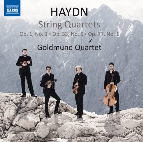 CD cover: Goldmund Quartet performing Haydn string quartets, mountain backdrop.