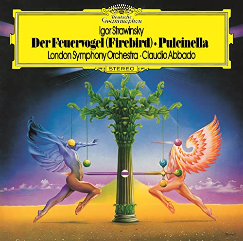 CD cover for Stravinsky’s “The Firebird” featuring colorful illustrated figures.