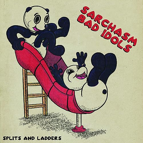 Cartoon panda and chicken on a red playground slide, album cover.