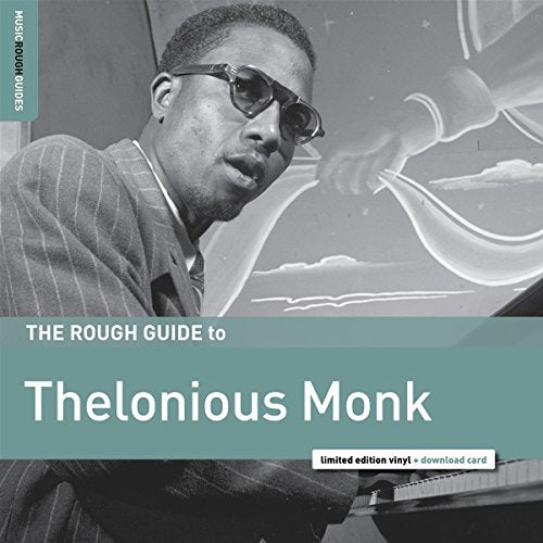 Thelonious Monk album cover, black and white portrait with teal text.