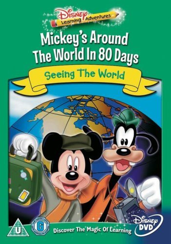 Mickey and Goofy with a globe, DVD cover for learning adventure.