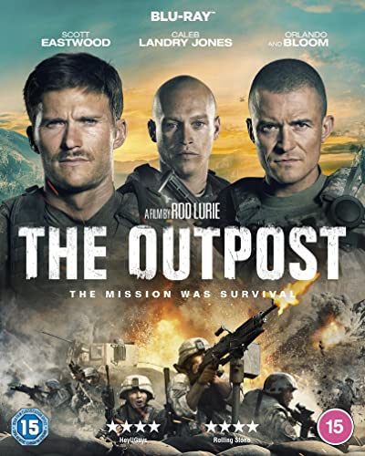 The Outpost" Blu-ray cover featuring three soldiers amidst a battle scene.