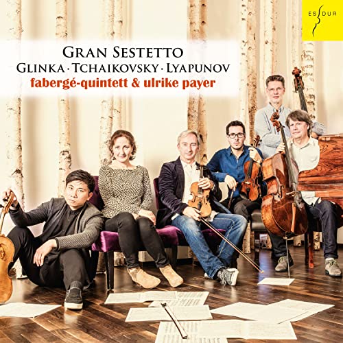 Six musicians with string instruments and piano, sheet music foregrounded.