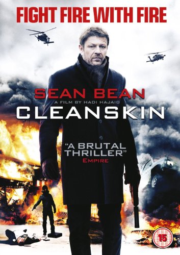 Man in black coat on DVD cover with burning background and helicopters.