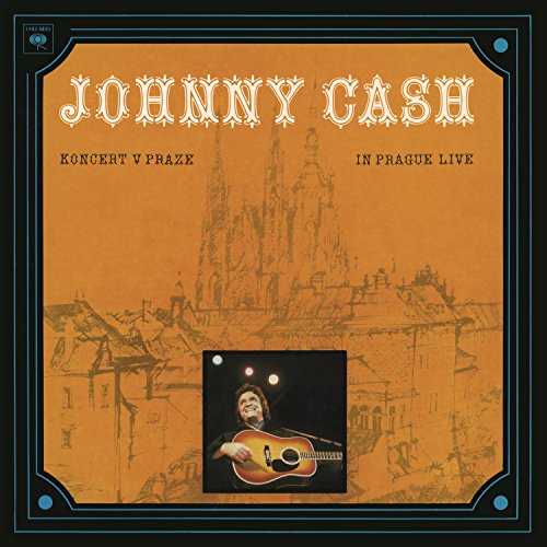 Album cover for Johnny Cash's In Prague Live featuring an orange city sketch.