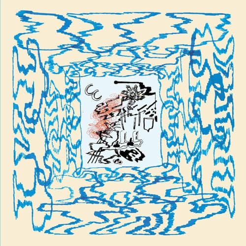 Album cover with abstract blue lines framing a red and black sketch.