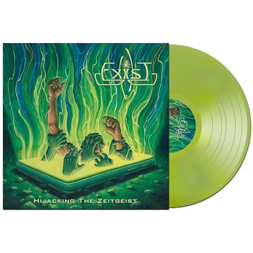 Green vinyl record with album art of hands emerging from a glowing laptop.