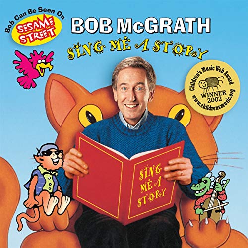 Bob McGrath sits reading a red book with cartoon animal companions.