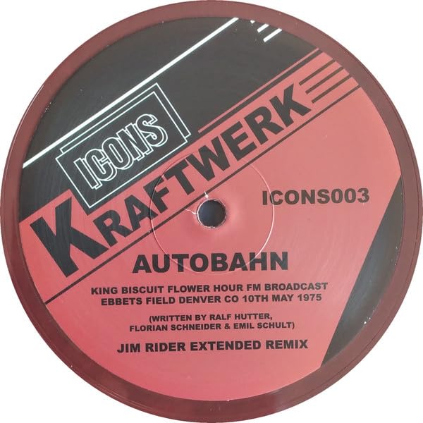 Red vinyl record label for Kraftwerk’s “Autobahn” with text details.