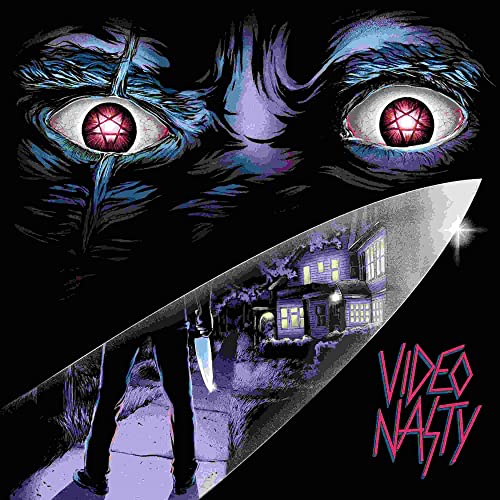 Horror album cover with glowing red eyes, a house, and a knife.