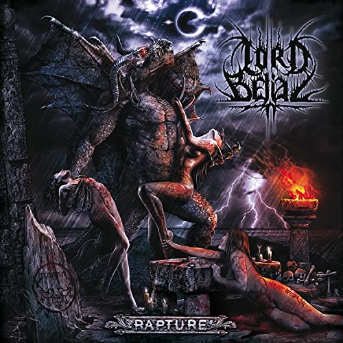 Dark fantasy album cover featuring a dragon, figures, and stormy sky.