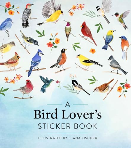 Watercolor illustrations of various colorful birds and small flowers on a light blue background.