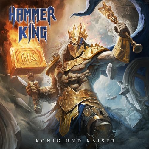 CD cover: armored warrior with hammer and crown, fiery background.
