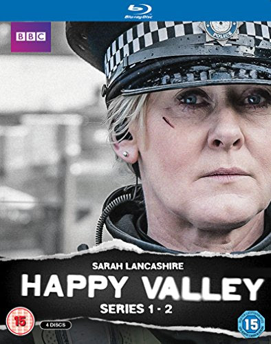 Blu-ray cover for "Happy Valley" featuring Sarah Lancashire as a police officer.