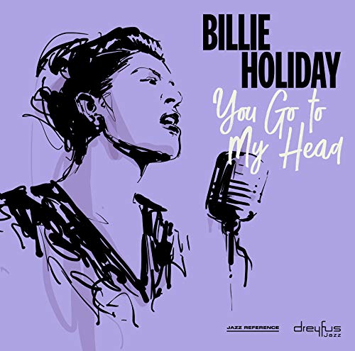 Billie Holiday portrait in white sketch style, singing into a microphone.
