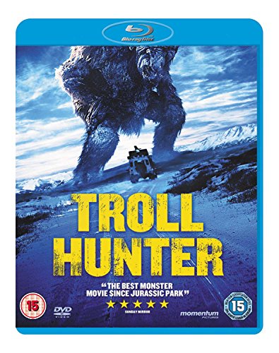Blu-ray cover art showing a giant troll looming over a vehicle in snowy mountains.