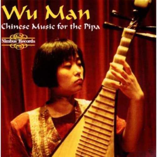 CD cover featuring Wu Man with a pipa, against a red curtain.