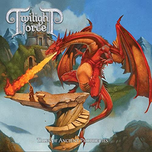Fantasy album cover featuring a red dragon breathing fire over a stone ruin.