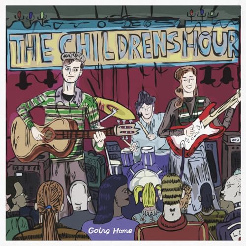 Illustration of a band performing with an audience, album cover art.
