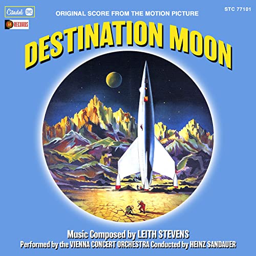 CD cover for "Destination Moon" soundtrack featuring a rocket and lunar landscape.