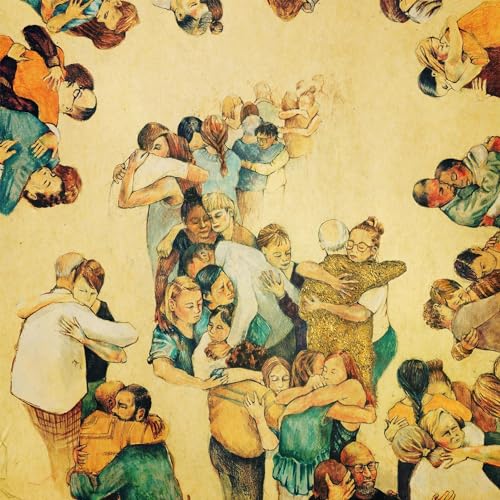 Painted album cover depicting many people embracing in a circle.