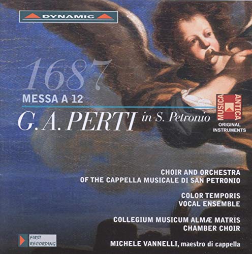 CD cover for Perti's "Messa A 12" featuring angelic painting and text.