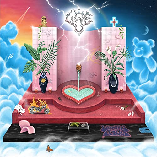 Album cover with a pink shrine, heart-shaped pool, and stormy sky.