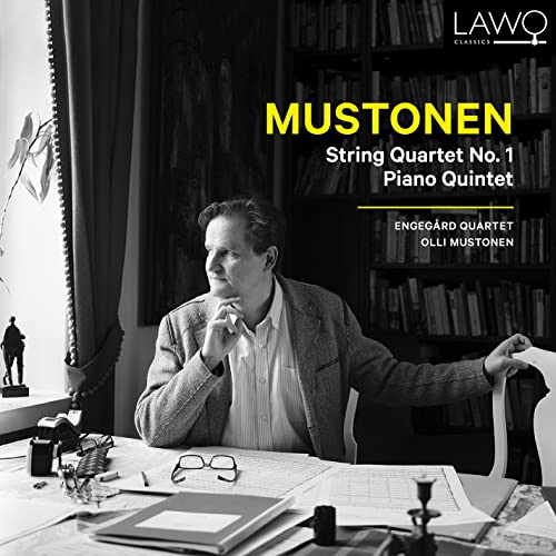 Black and white CD cover featuring composer Olli Mustonen in a study.