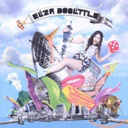 CD cover with a woman amidst surreal, colorful objects and a cityscape.