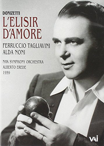 Black and white DVD cover for Donizetti’s *L’elisir d’amore* opera, 1959.
