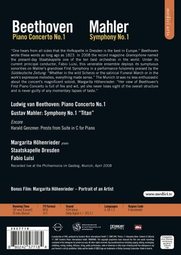 DVD back cover for Beethoven's Piano Concerto No. 1 and Mahler's Symphony No. 1.