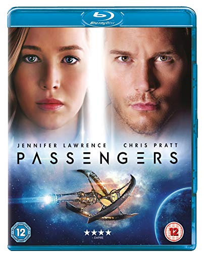 Passengers Blu-ray cover featuring Jennifer Lawrence and Chris Pratt, spaceship image.