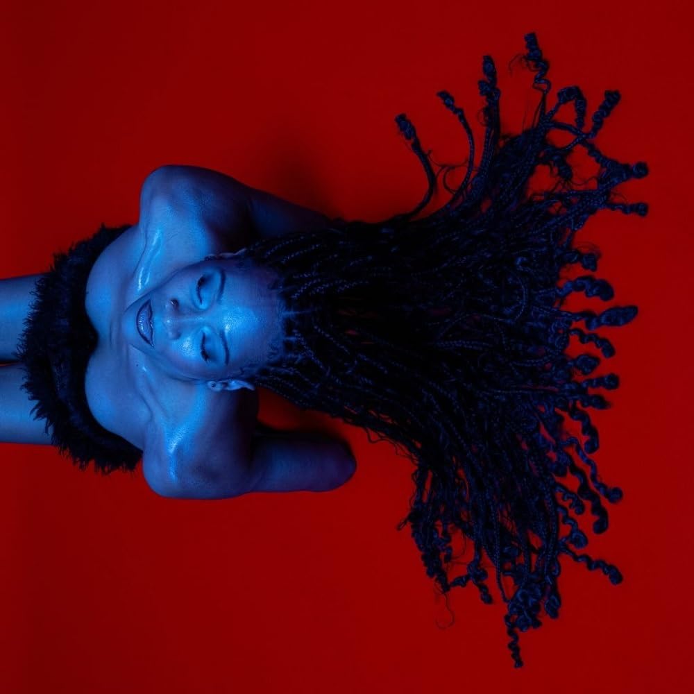 A person with long braided hair lies on a vibrant red background, bathed in blue.
