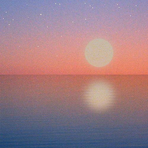 Sunset over water with a bright moon, textured grainy effect.